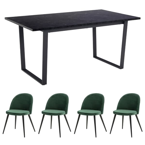 Tilst matgrupp matbord svart marmortryck 90x160 4 stolar velour grön.