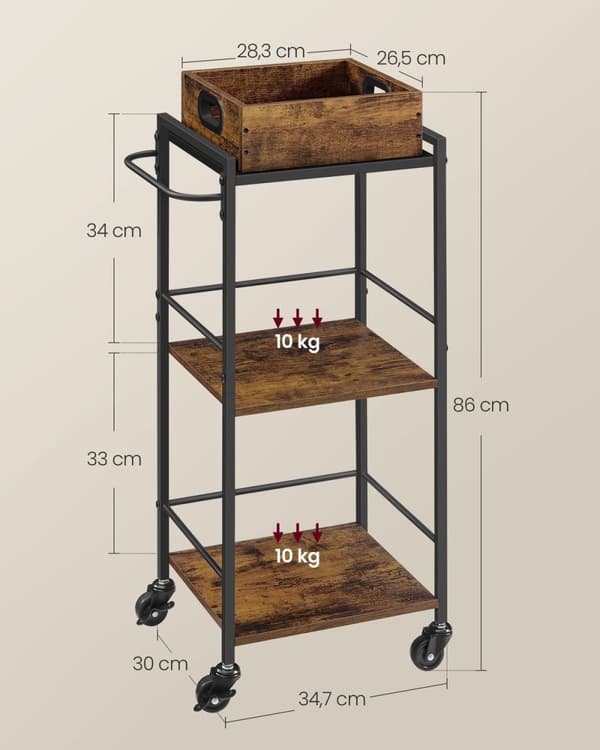 Rootz Vintage Serveringsvogn - Barvogn - Rullevogn - Spånplader og stål - 30 cm x 34,7 cm x 86 cm - Vintage Brun-Sort - 5,3 kg - 30 kg statisk belastn