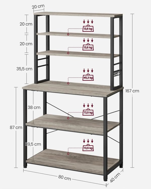 Rootz køkkenhylde 6-lags organisering - reol - opbevaringsstativ - spånplader og stål - 40 cm x 80 cm x 167 cm - 21 kg - Greige sort