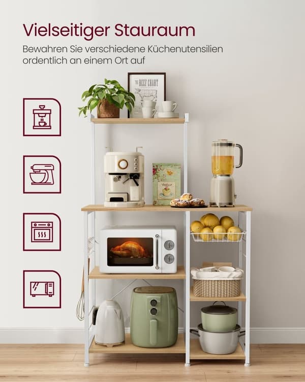 Rootz keittiön hylly metallikorilla - tammi beige valkoinen - säilytysteline - teräskori - lastulevy - 40cm x 90cm x 134cm