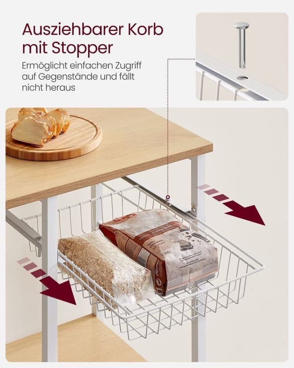 Rootz keittiön hylly metallikorilla - tammi beige valkoinen - säilytysteline - teräskori - lastulevy - 40cm x 90cm x 134cm