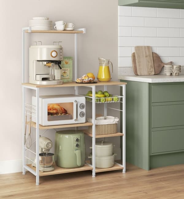Rootz keittiön hylly metallikorilla - tammi beige valkoinen - säilytysteline - teräskori - lastulevy - 40cm x 90cm x 134cm