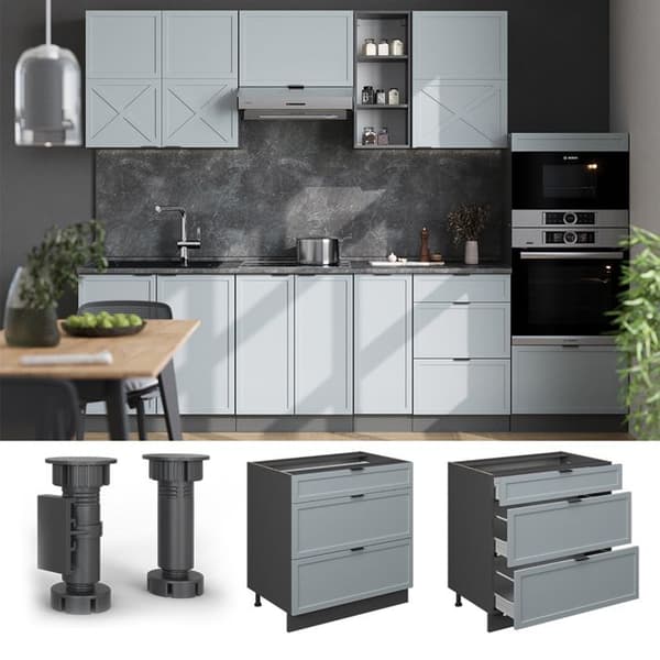 Fame-Line köksskåp, 80cm med 3 lådor, PT Marble, Ljusblågrå, Antracit, Vicco