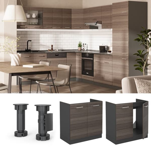 Meuble bas sous-évier R-Line, 80 cm PT Marmor, Grå ädla, Antracit, Vicco