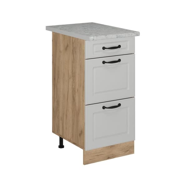 Köksmöbel R-Line, 40cm med lådor, AP Marmor, Vit lantlig, Guld ek, Vicco