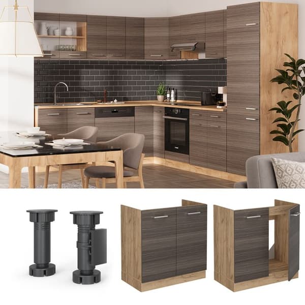 Meuble bas sous-évier R-Line, 80 cm, PT Antracit, Grå ädel, Gyllene ek, Vicco