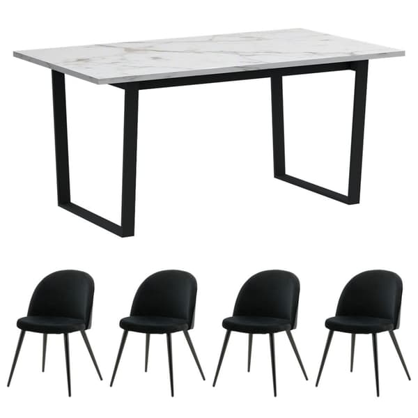 Tilst matgrupp matbord vit marmortryck 90x160 4 stolar velour svart.
