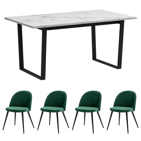 Tilst matgrupp matbord vit marmortryck 90x160 4 stolar velour grön.