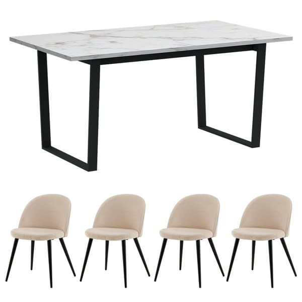 Tilst matgrupp matbord vit marmortryck 90x160 4 stolar velour beige.