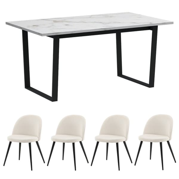 Tilst matgrupp matbord vit marmortryck och 4 stolar sammet beige.