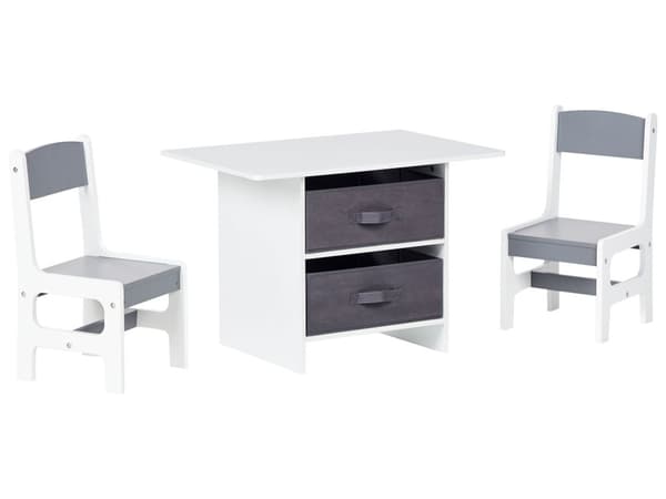 Børnesæt med bord og 2 stole hvidgrå MDF 2 opbevaringskasser i tekstil moderne stil børneværelse
