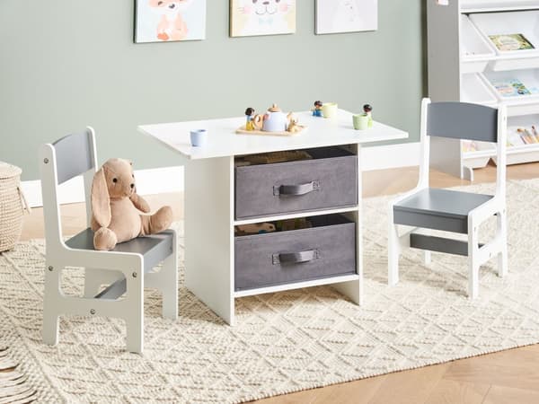 Barnebord med 2 stoler Hvit Grå MDF 2 stoffbokser Moderne design Barnerom