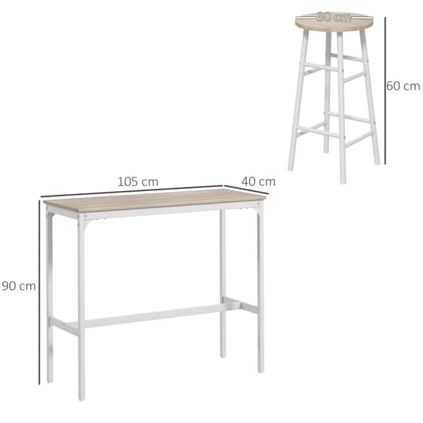 Rootz 3 -stykke højt bordsæt - barsæt - Spisesæt - Rumbesparende design - 105x40x90cm, afføring 30x60cm - Stål & MDF, hvidbrun