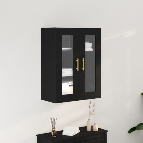 Väggmonterat skåp med glasdörrar svart ek 69,5x34x90 cm