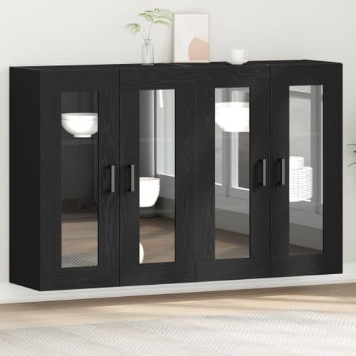 Väggmonterat Skåp Set med 2 Svart Ek Konstruerat trä, Glas