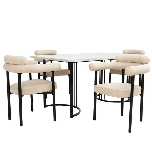 Spisebord 140x80x75cm med 4 stole - MDF bordplade, metalstel og fløjlshynder - hvid&sort