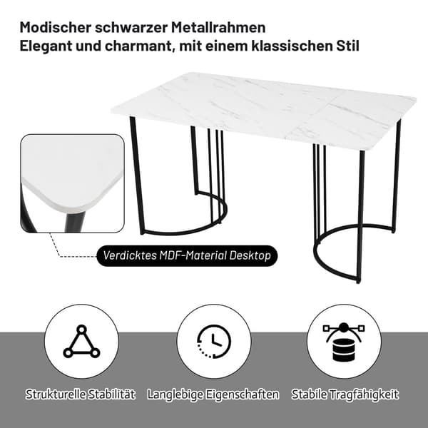 Spisebord 140x80x75cm med 4 stole - MDF bordplade, metalstel og fløjlshynder - hvid&sort