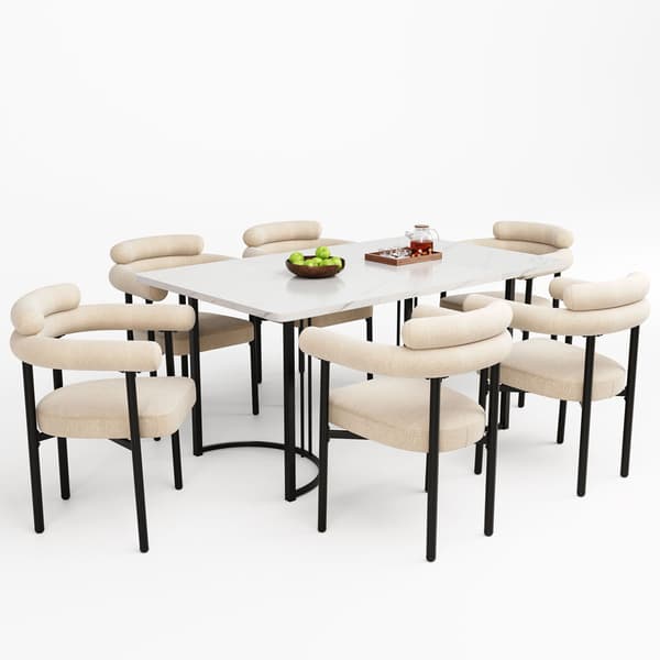 Spisebord 140x80x75cm med 6 stole - MDF bordplade, metalstel og fløjlshynder - hvid&sort