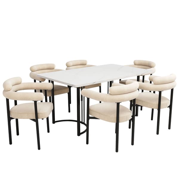 Spisebord 140x80x75cm med 6 stole - MDF bordplade, metalstel og fløjlshynder - hvid&sort