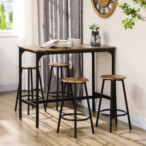 Brunt spisebord og stole sæt, 5 dele sæt med 4 barstole, industrielt design køkkenbord, metal spisebordssæt, til køkken