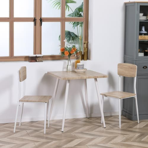 3 stk hvidt bordsæt, MDF + metal, naturlig træåre, med 1 bord, 2 stole