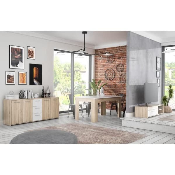 TV-bufféset 179cm &amp; fast bord 160cm - Pilvi - Sonoma Ek / Matt Vit - 5 dörrar - 3 lådor