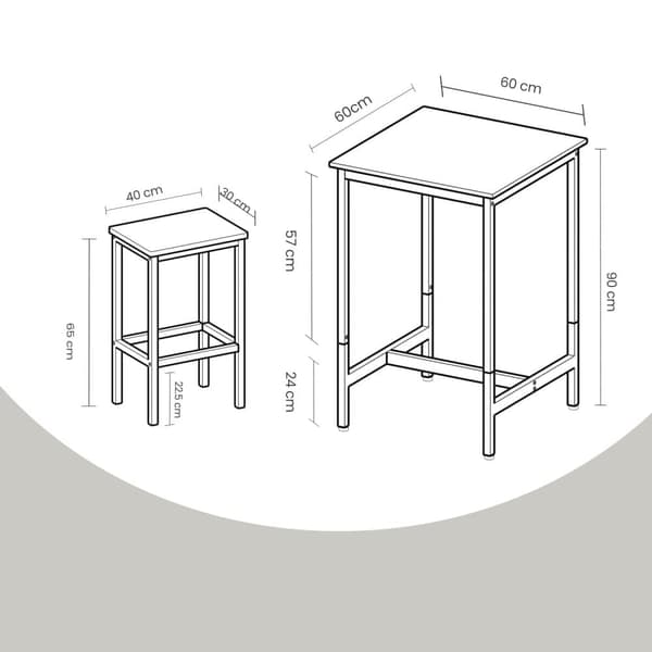 Bartbord med barstolssats, VASAGLE LBT017B01, 60x60x90 cm, 30x40x65 cm, Brun-Svart