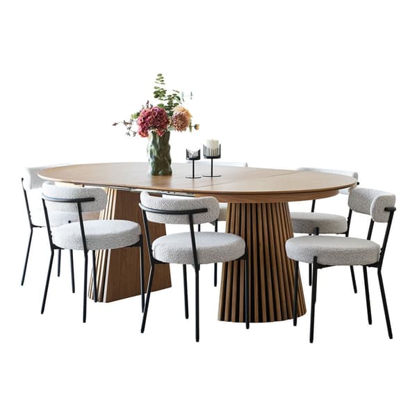Tokyo spisegrupper spisebord inkl. 2 ileggsplater Ø120x120-160-200 cm eikefiner og 6 stoler bouclé hvit.