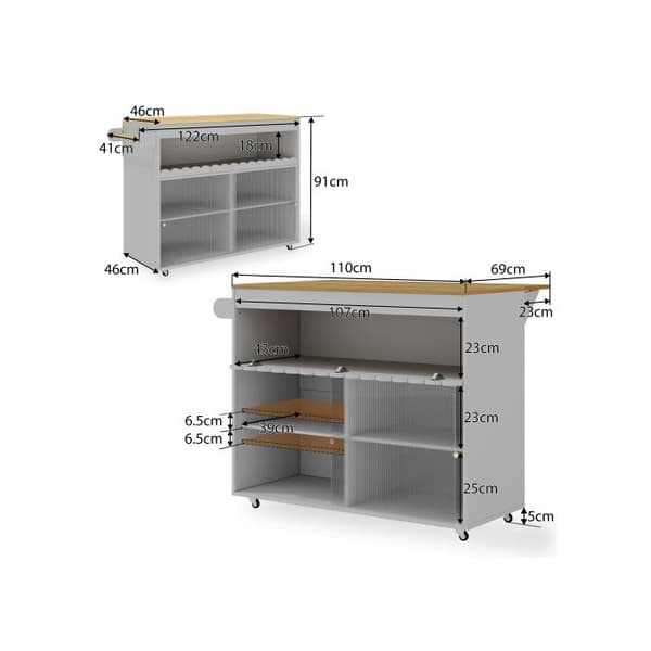 122 x 46(69) x 91 cm, hopfällbar köksö, bänkskiva i ekfaner, skjutdörr i härdat glas