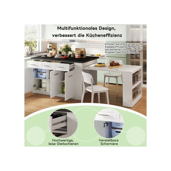 Multifunktionell köksö 150 cm + 96 cm, vit utdragbar matsalsbord, svart/vit
