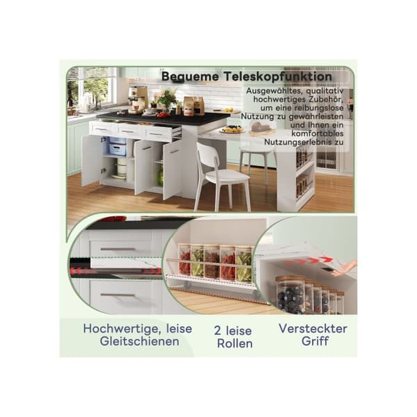 Multifunktionell köksö 150 cm + 96 cm, vit utdragbar matsalsbord, svart/vit