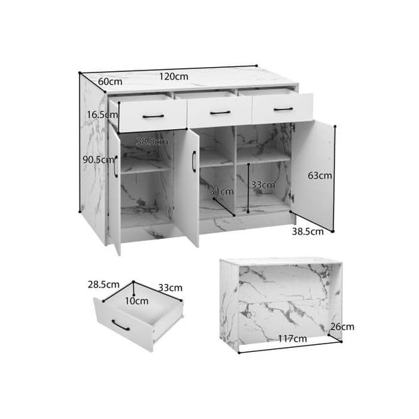Grand köksö 120 x 60 x 90.5 cm, 3 lådor och 3 dörrar, design i vit marmor