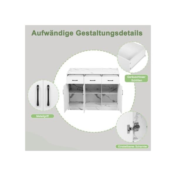 Grand köksö 120 x 60 x 90.5 cm, 3 lådor och 3 dörrar, design i vit marmor