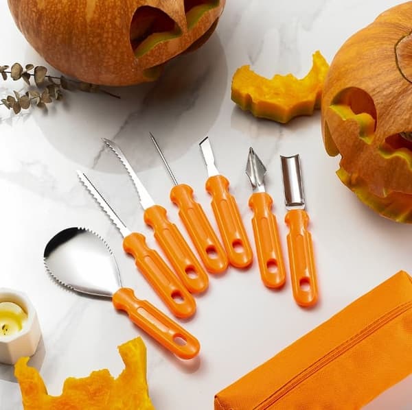 7-delat rostfritt stål pumpa snidningsverktyg frukt- och grönsaksskärningskniv inklusive kökshjälpmedel