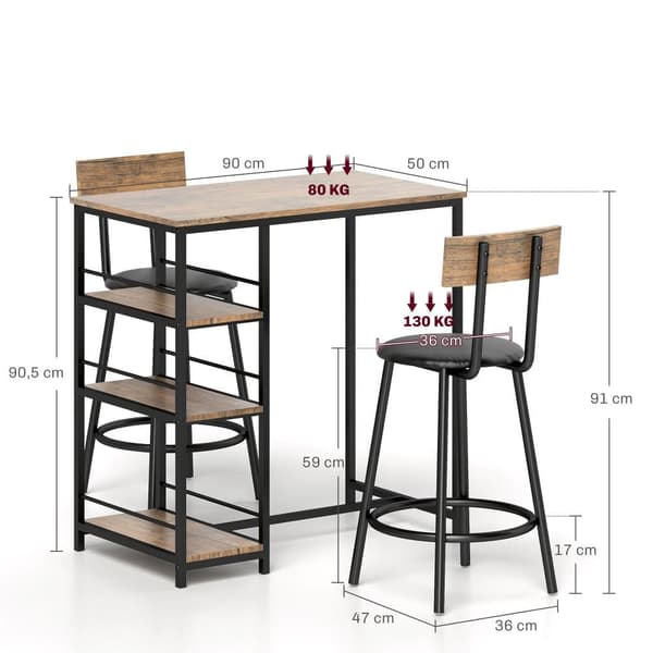 Barbord med Barstol Set, 90x50x90.5 cm, Ek
