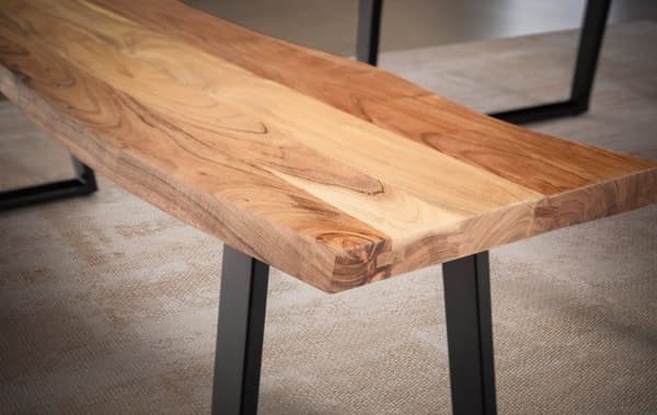 Rootz Spisebord i massivt akacietræ - Moderne Design - Live Edge Sæde - Trapezformede metalben - Håndlavet - 120 cm x 40 cm x 45,5 cm