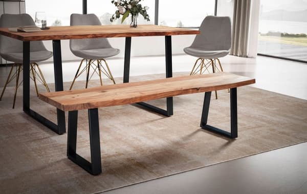 Rootz Spisebord i massivt akacietræ - Moderne Design - Live Edge Sæde - Trapezformede metalben - Håndlavet - 120 cm x 40 cm x 45,5 cm