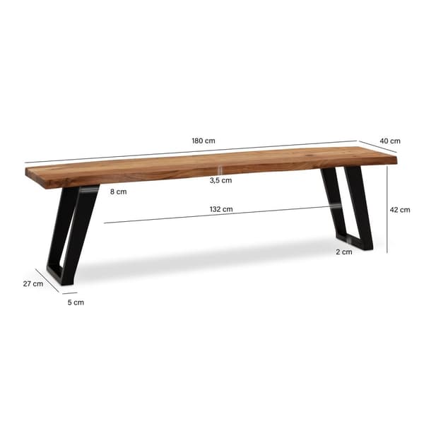 Rootz Modern Dining Bänk - Träbänk - Live Edge Bänk - Acacia trä - U-formade metallben - Handgjorda - 180cm x 40cm x 45,5cm