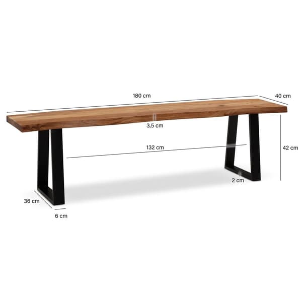 Rootz Modern Design Matsalsbänk - Träbänk - Trädkantssits - Uttryck av träfibrer - Trapetsformade metallben - 180 cm x 40 cm x 45,5 cm