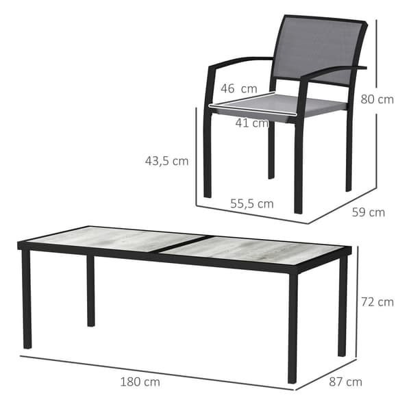 Rootz 7 Piece Eating Set - Garden Dining Set - Outdoor Furniture - Stapelbar & lätt att rengöra - Stålram - Tabell 180x87x72cm, stolar 55.5x59x80cm, g