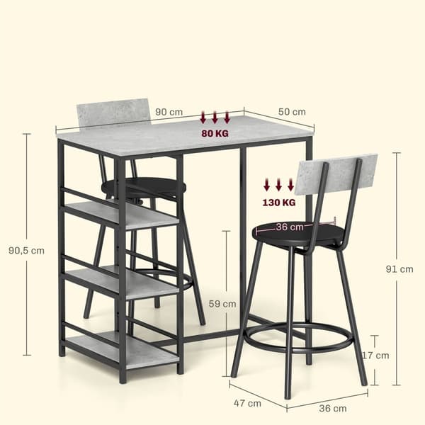 Rootz Baric -sarja, jossa on 2 jakkaraa - ruokailusarja - keittiön huonekalut - tilaa säästävät hyllyt - 90L x 50b x 90,5h cm