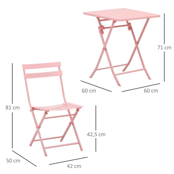 Rootz Foldbar 3 -delad trädgårdsuppsättning - bistromöbler - utomhusmiddag - pulverbelagd metall - 60x60x71cm bord och 2 stolar - rosa