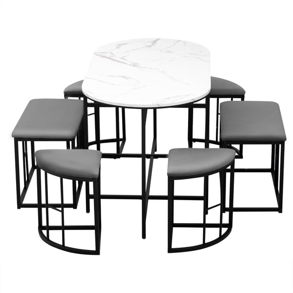 Matgrupp med bord och 6 pallar – Modernt köksbordset i vit och svart med stålram, 1 bord (140×70×76 cm), 4 små och 2 stora pallar