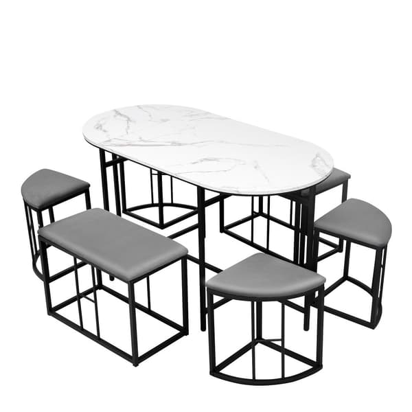 Matgrupp med bord och 6 pallar – Modernt köksbordset i vit och svart med stålram, 1 bord (140×70×76 cm), 4 små och 2 stora pallar