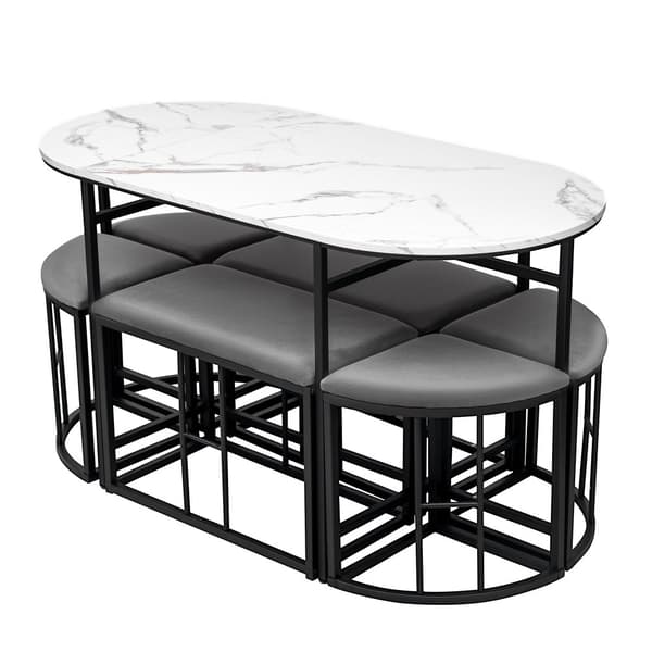 Matgrupp med bord och 6 pallar – Modernt köksbordset i vit och svart med stålram, 1 bord (140×70×76 cm), 4 små och 2 stora pallar