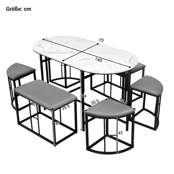 Matgrupp med bord och 6 pallar – Modernt köksbordset i vit och svart med stålram, 1 bord (140×70×76 cm), 4 små och 2 stora pallar