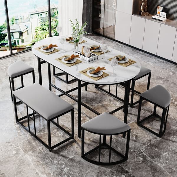 Matgrupp med bord och 6 pallar – Modernt köksbordset i vit och svart med stålram, 1 bord (140×70×76 cm), 4 små och 2 stora pallar