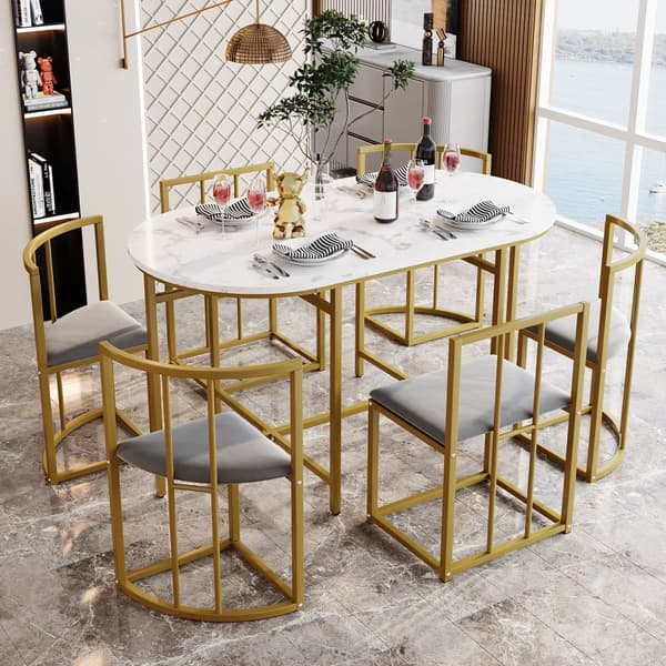 Matgrupp + 6 stolar - Stolar med sittdyna och ryggstöd - Guld