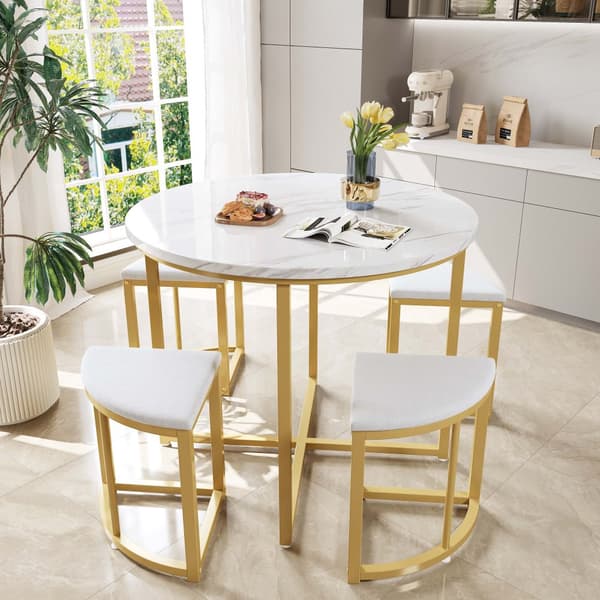 Matbord och 4 stolar - MDF-skiva, guldpläterad järnram och vita sammetsdynor - vit och guld