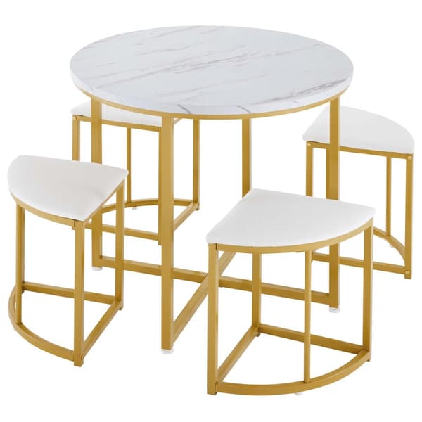 Matbord och 4 stolar - MDF-skiva, guldpläterad järnram och vita sammetsdynor - vit och guld